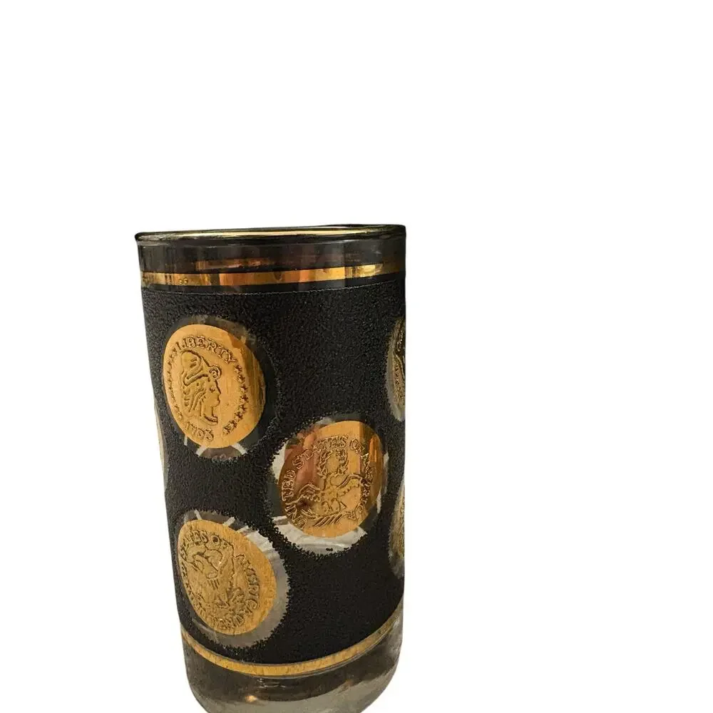 Libby Set 6 Black & Gold Liberty Coin Glasses Mid-century Modern Madmen Barware